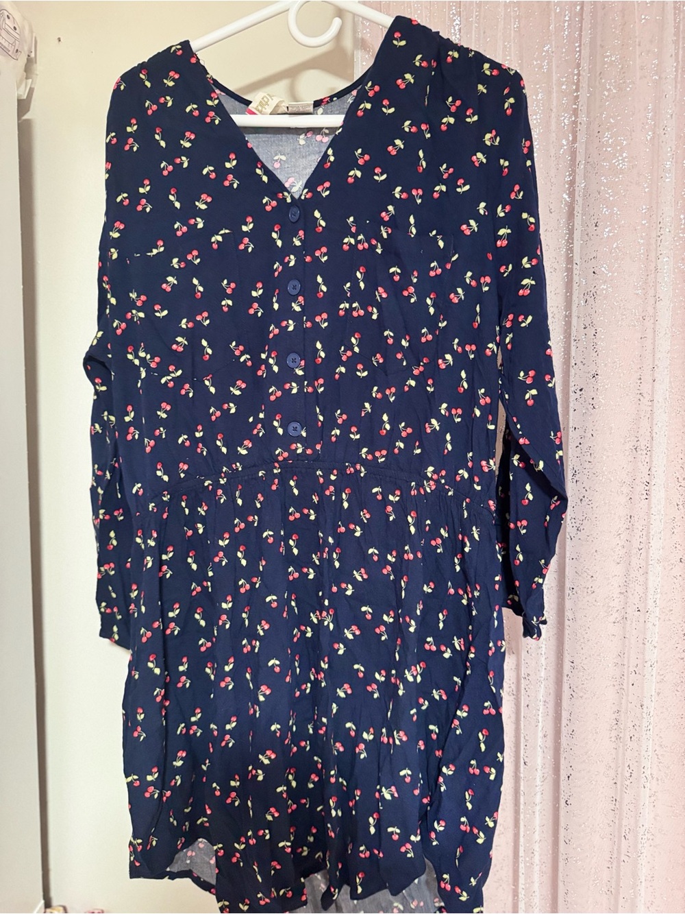 Mimi Chica Navy Blue Cherry Print Button Front Top